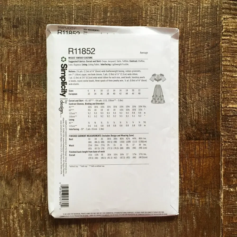 Simplicity Pattern R11852 Fantasy LOTR GOT Cosplay Corset Skirt 14-22 UNCUT LARP